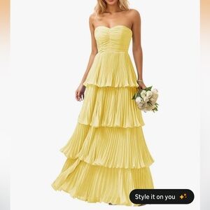 Strapless Tiered Pleated Maxi Dress in Yellow